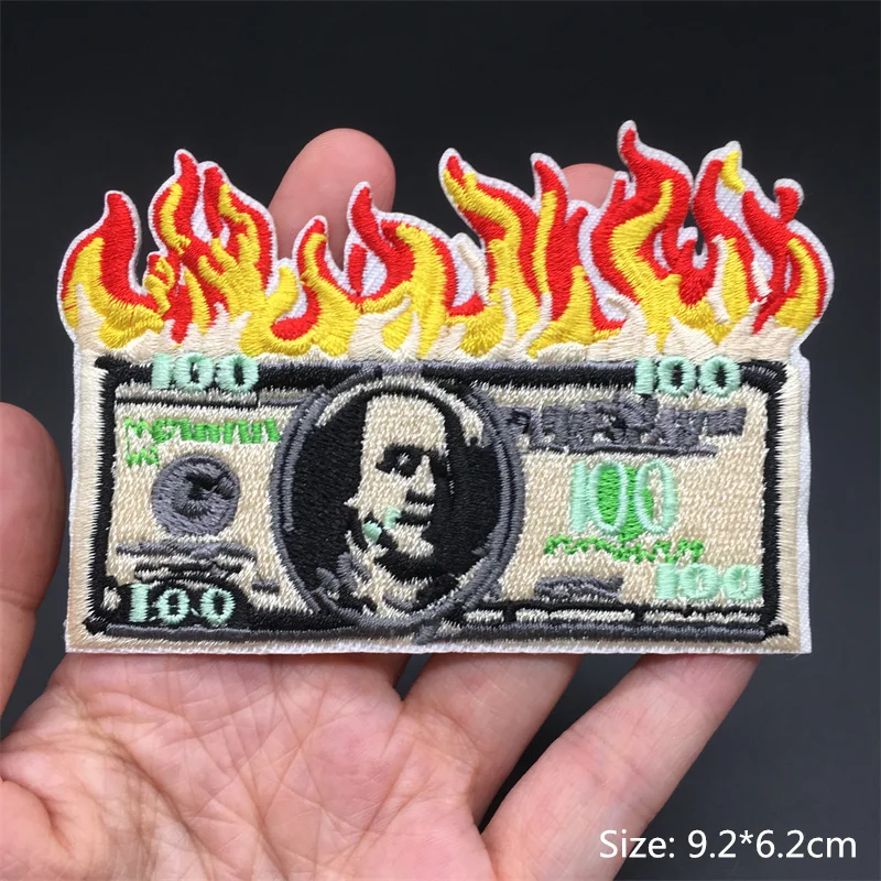 Parches para planchar Fire the Flame para pegatinas de ropa, insignias de dinero de dólar, parche bordado en ropa, proveedores de costura Diy a rayas - imagen 4