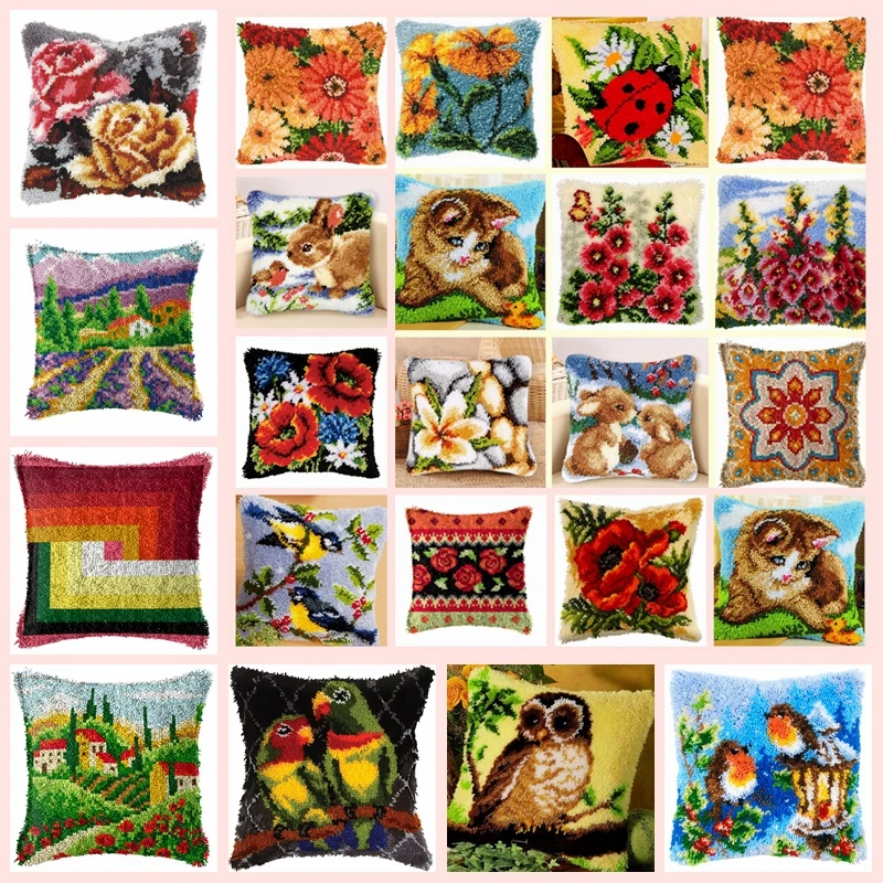 Kit de bordado de almohada de segmento de animales de plantas, punto de cruz de lana gruesa, gancho de pestillo 3D, flores, hierba, bricolaje - imagen 3