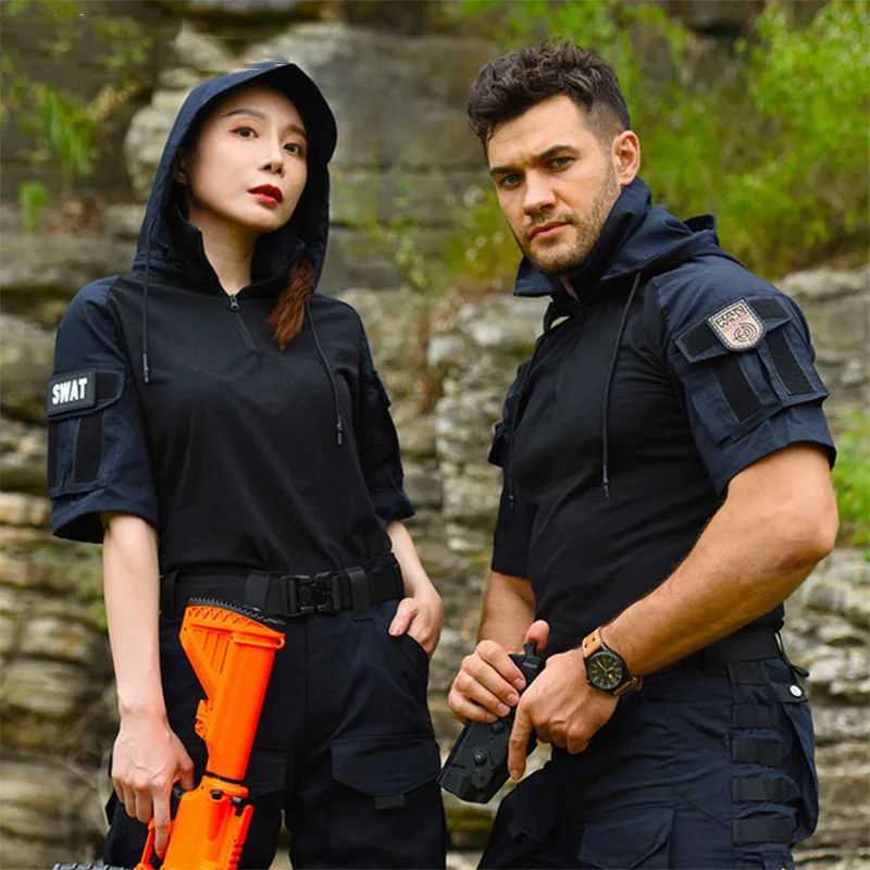 Camisas de manga corta para exteriores para hombre y mujer, camisas de rana tácticas de camuflaje, transpirables, resistentes al desgaste, entrenamiento, tiro, escalada, Tops con capucha - imagen 3