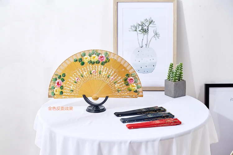Nuevo cuatro estilos dorados: abanico pintado con borde de tela fácil de llevar, abanico plegable español pintado a mano, abanico de madera, abanico de baile personalizado - imagen 5