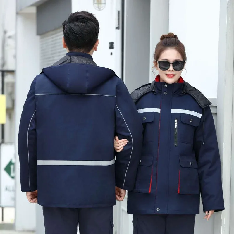 Ropa reflectante de trabajo al aire libre para hombres y mujeres, chaqueta gruesa a prueba de viento, abrigo de taller de fábrica con capucha, Parka duradera, traje de trabajador, Invierno - imagen 3