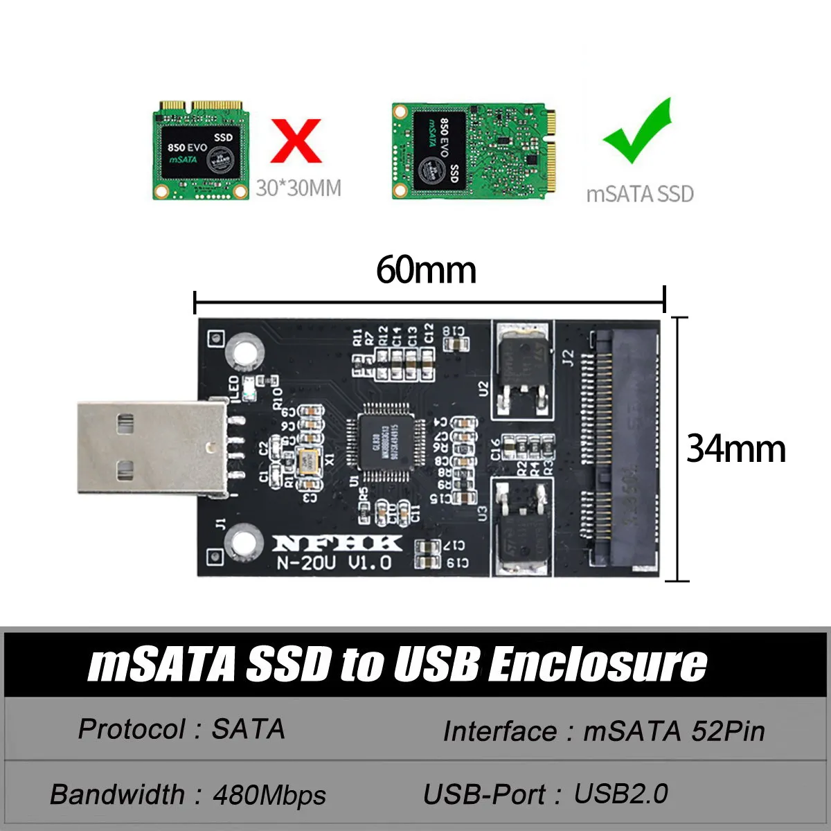 Adaptador de tarjeta de controlador de pluma PCBA SSD externo MSATA a USB 2,0 Mini PCI-E - imagen 4