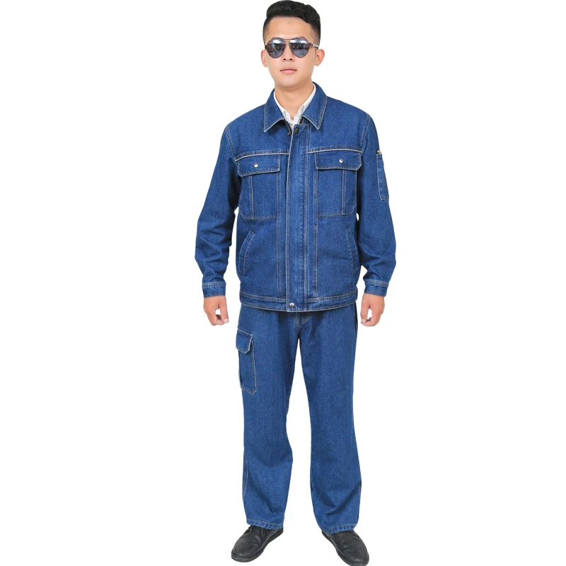 Ropa de soldadura Uniformes de trabajo de mezclilla mangas largas Durable Resistente al desgaste Jeans chaqueta pantalones Multi bolsillos Reparadores eléctricos - imagen 3