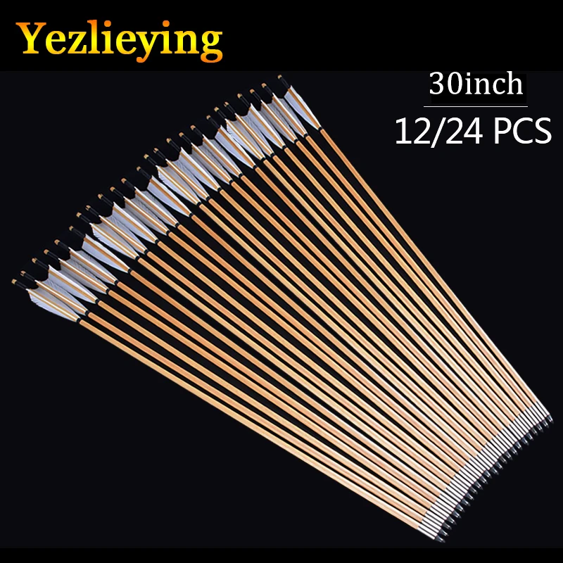 Arco compuesto de 30 pulgadas, 6/12/24 Uds., pernos de flecha de madera blanca hechos a mano para arco largo de 25-50 libras, arco recurvo, caza con arco - imagen 2