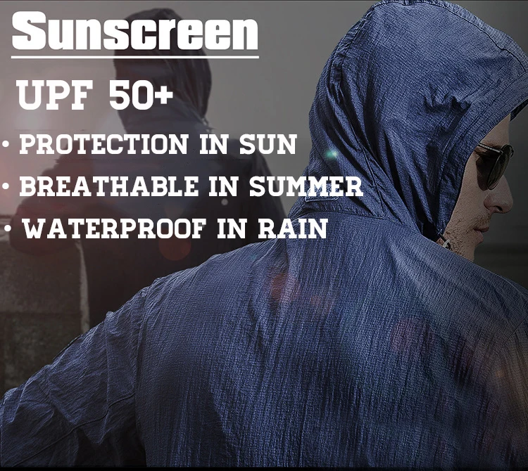 Un hombre que lleva una chaqueta de lluvia azul con las palabras protector solar