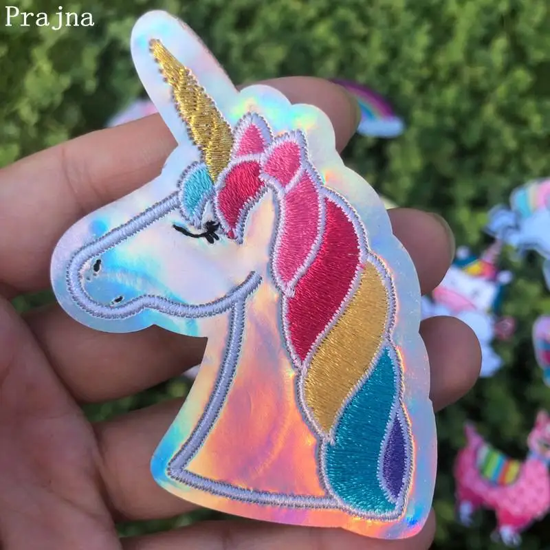 Prajna-Parches coloridos de unicornio para ropa, bordado a rayas de arcoíris, parches para planchar en la ropa, DIY para camisetas de niños, ropa - imagen 2