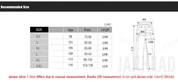 Un gráfico de tamaño para un par de pantalones