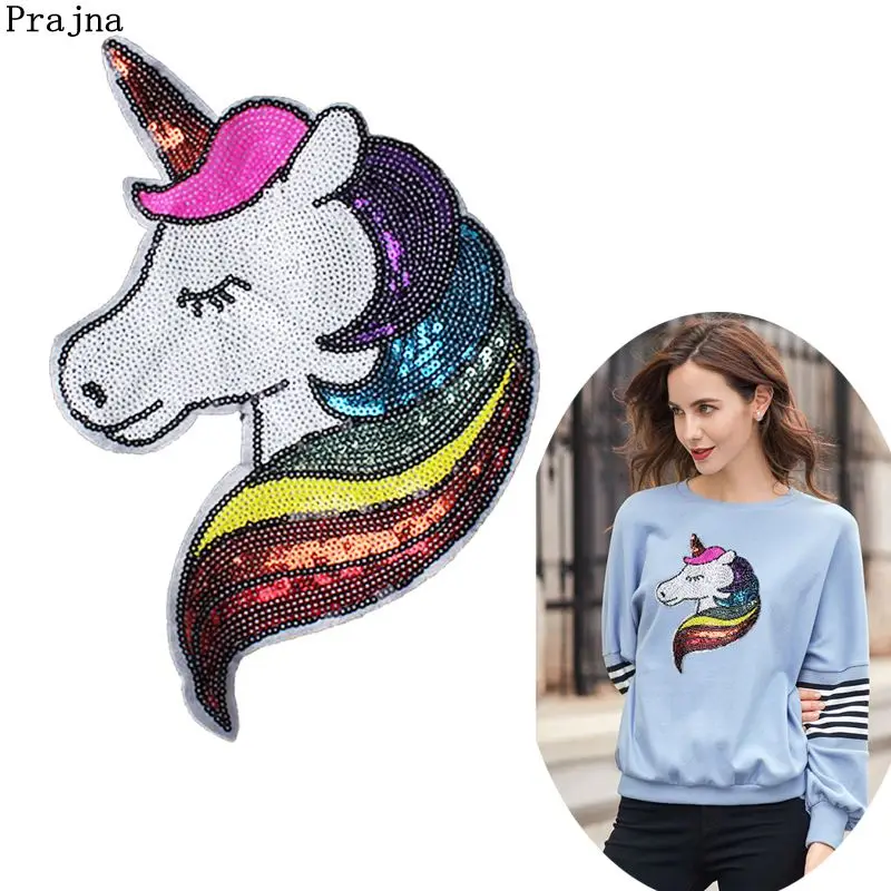 Prajna parche de lentejuelas de unicornio, parches bordados de dibujos animados para ropa, apliques de animales, accesorios de costura - imagen 5