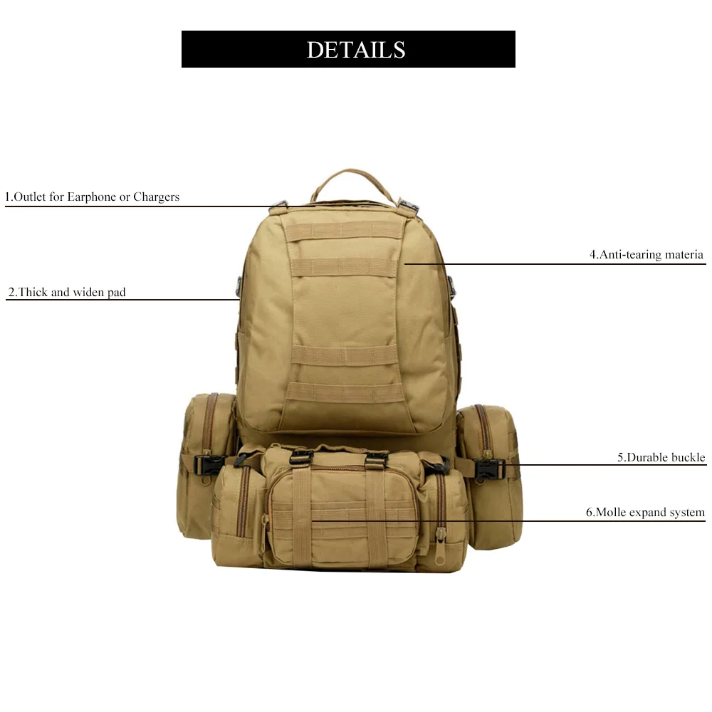 Molle-mochila táctica de nailon de gran capacidad, morral militar de asalto para acampar, cazar, deportes, viajes, senderismo, bolsa del ejército al aire libre, 50L - imagen 4