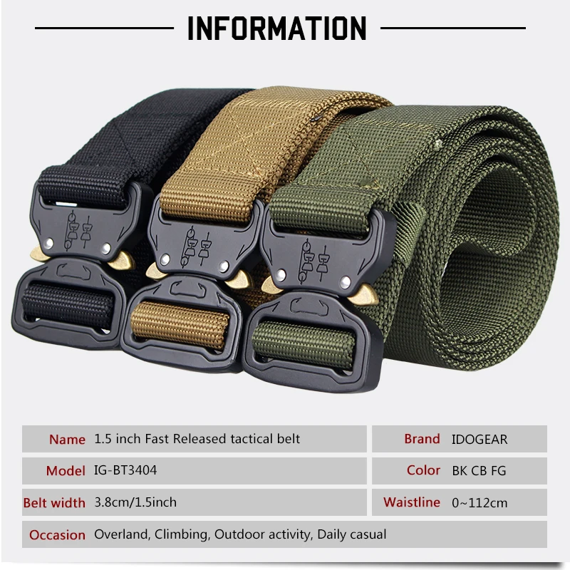 IDOGEAR, cinturón táctico de liberación rápida de 1,5 pulgadas, cinturones para hombres, deportes, nailon negro, verde, BT3404, deportes al aire libre para hombres - imagen 2
