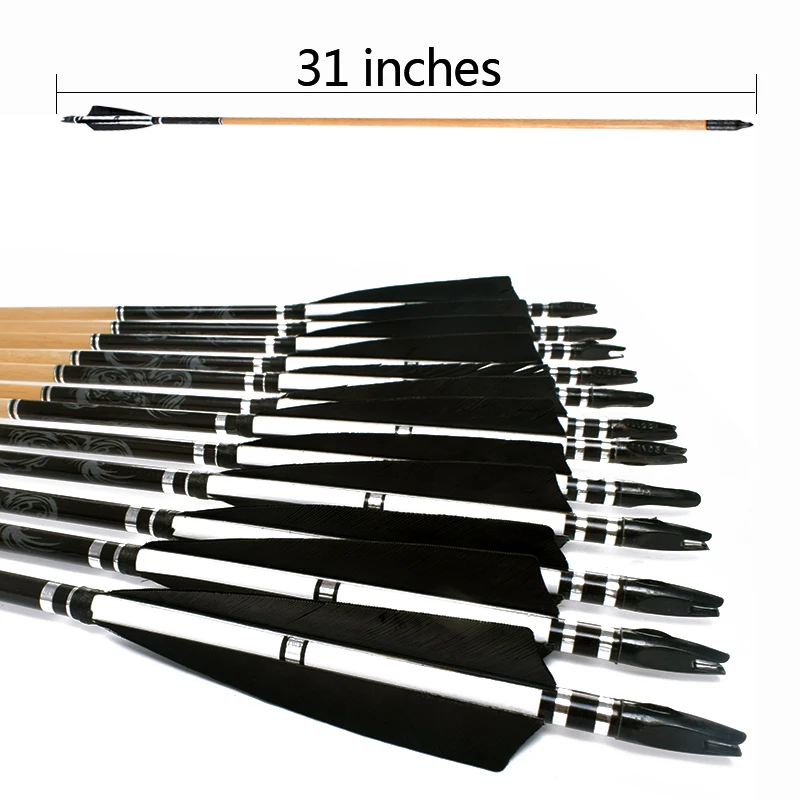 Flechas de tiro con arco de madera hechas a mano, recurvo, arco compuesto, caza, tiro, 25-70 libras, 12 piezas - imagen 2