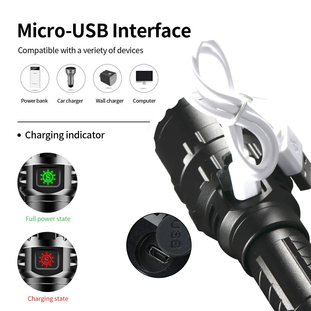 Linterna LED profesional de 65000LM para caza, juego de luces tácticas de explorador nocturno, luz de pez L2, antorcha impermeable recargable por USB - imagen 4