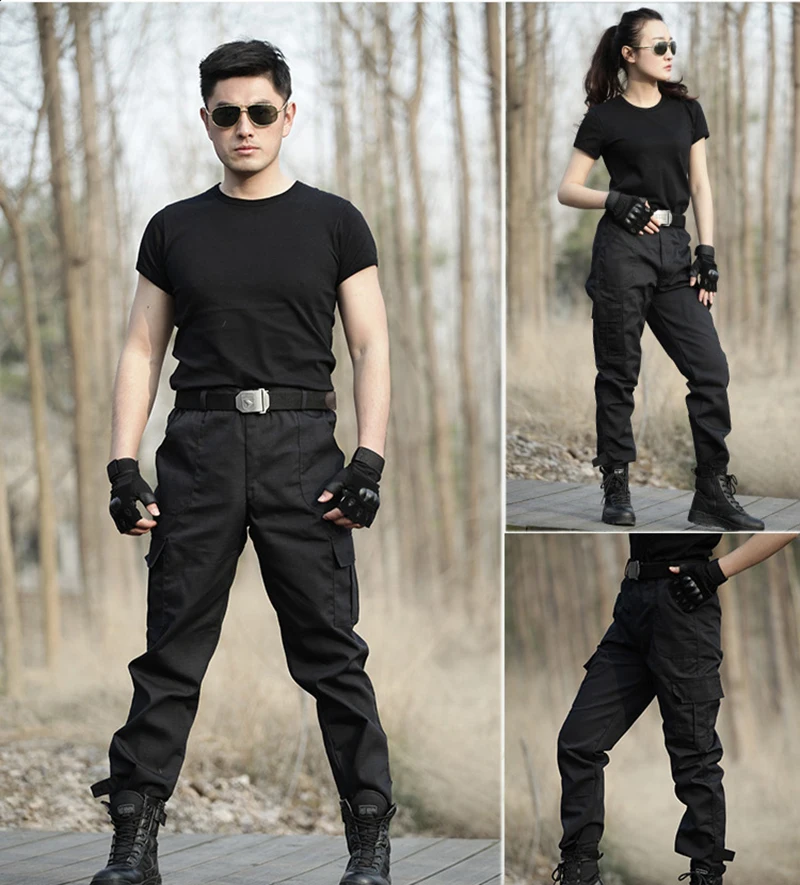 Un hombre y una mujer con guantes de ropa negra