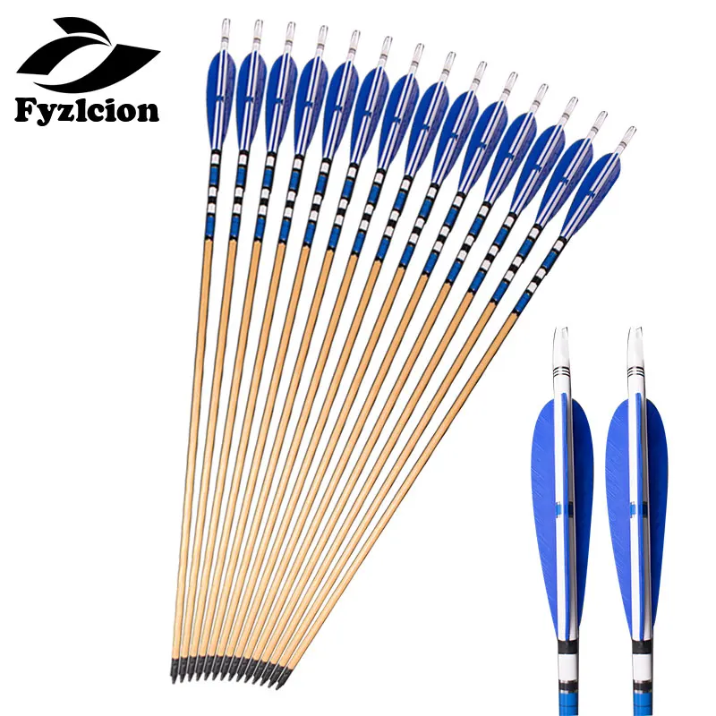 12 Uds caza tiro con arco pernos 80cm flecha de madera hecha a mano 7,6mm pluma de pavo azul arco compuesto pluma de pato - imagen 4
