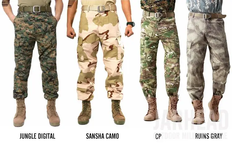 Una imagen de los pantalones de camuflaje con las palabras Jungle Digital Sansha Camo, CP Door Mill y Ruins Gray