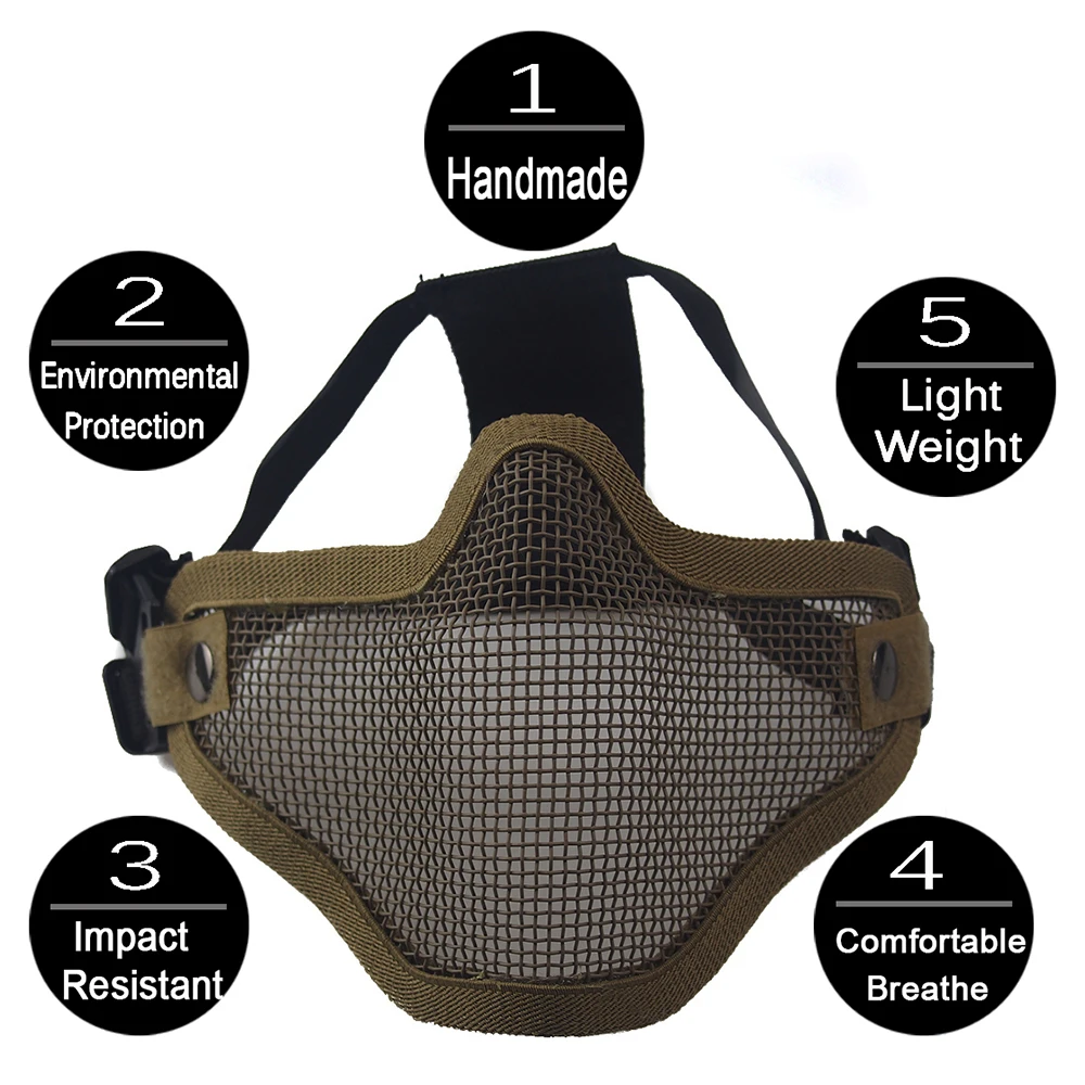 Máscara protectora de malla de acero y Metal de media cara con doble cinturón táctico para caza, equipo CS para máscara de Paintball - imagen 4