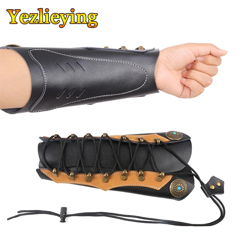 Protector de brazo de tiro con arco de cuero de vaca tradicional, guante Protector de mano para brazo de tiro con arco, equipo de protección ajustable para caza y tiro con arco - imagen 2