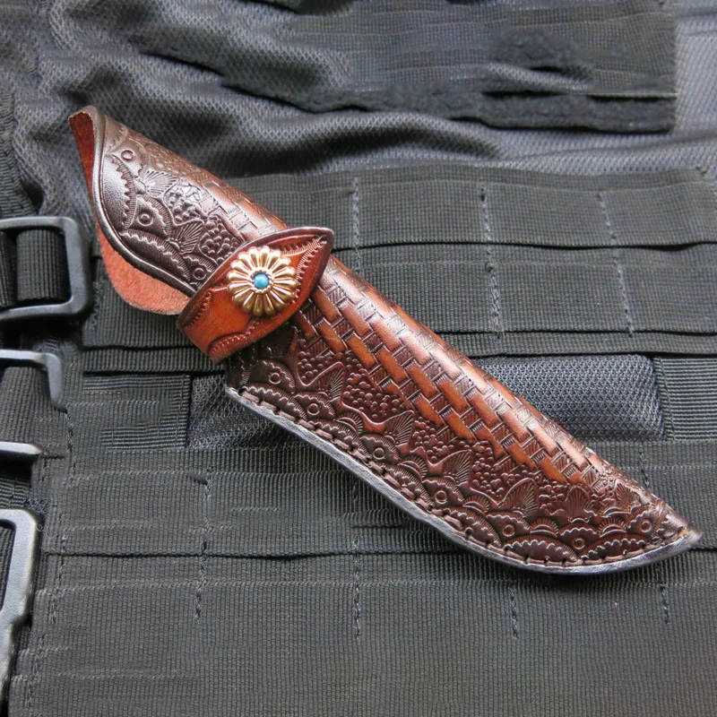 Hebilla turquesa, patrón de piel de serpiente, cuero genuino curtido vegetal, cuchillo recto pequeño, funda, funda militar para exteriores - imagen 2