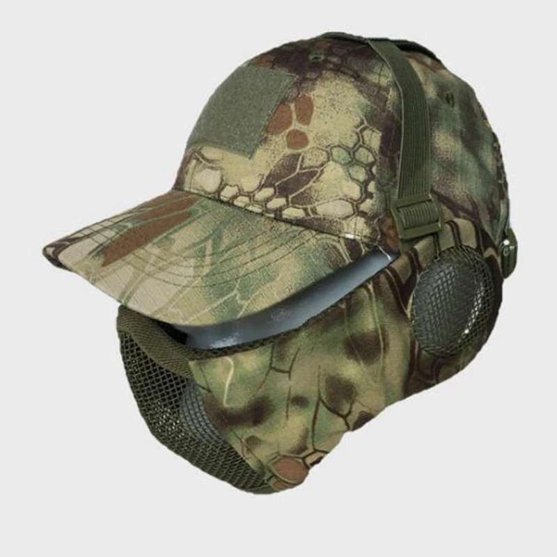 Máscara táctica de malla de acero plegable, máscara de media cara con protección para las orejas, gorra de béisbol ajustable para Paintball, equipo de caza - imagen 5