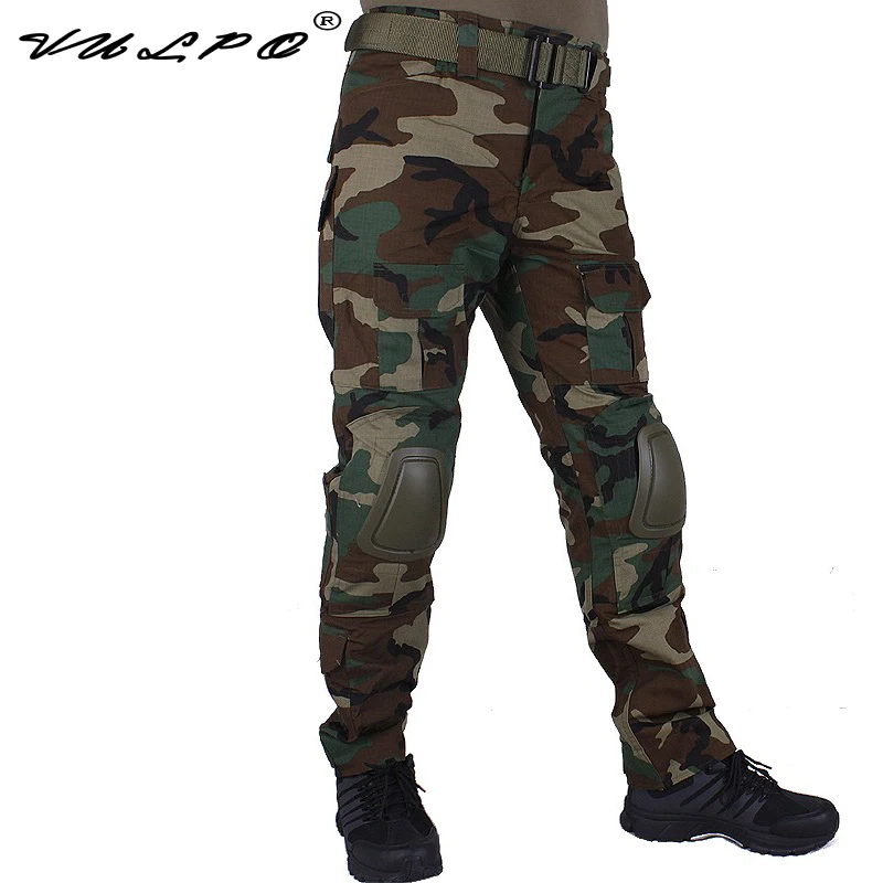 Pantalones de camuflaje de caza VULPO, Broek táctico Woodland Broek En Knie handelermers, uniforme de Cosplay de juego Airsoft