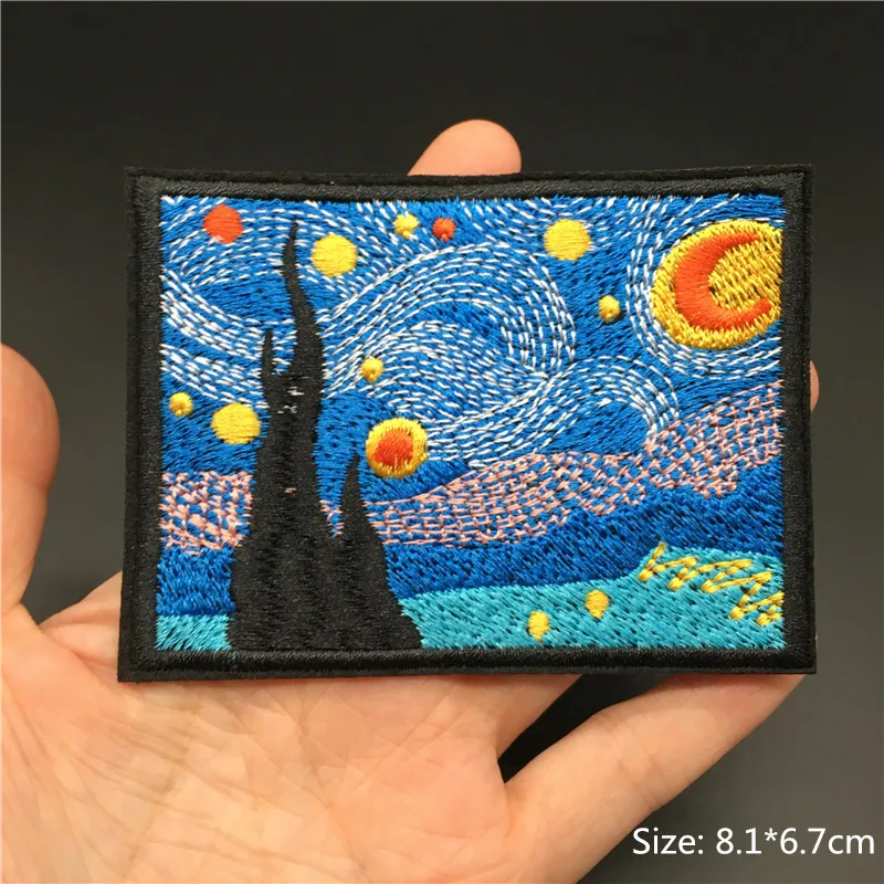 Parches bordados para ropa campamento hierro en parche Punk DIY apliques pegatinas para ropa Van Gogh estrella noche montaña onda rayas - imagen 4