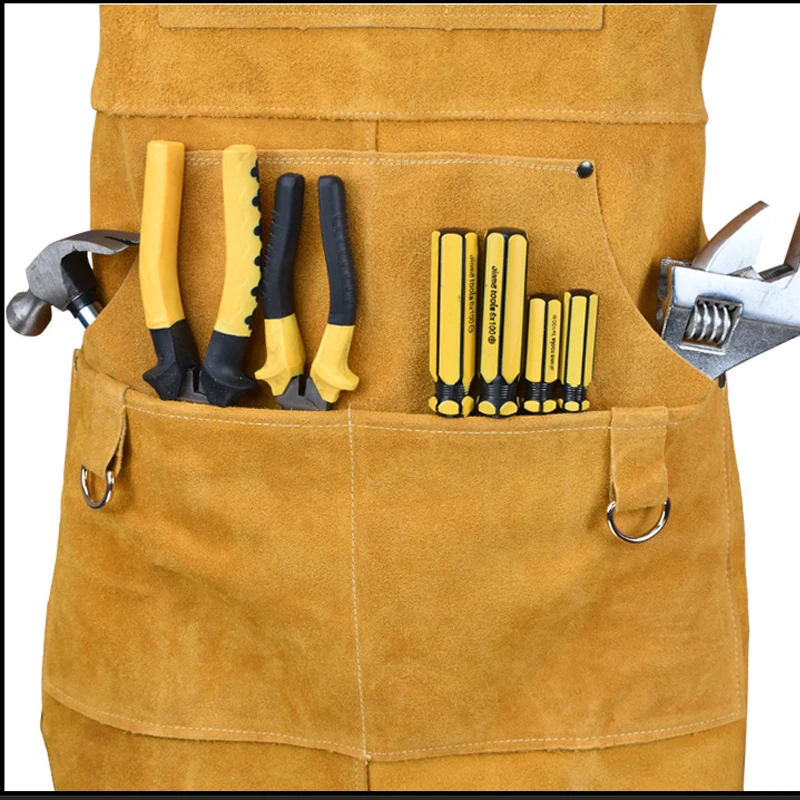 Delantal de trabajo de piel de vaca, delantal antiescaldado resistente al desgaste, para soldadura, pulido y reparación de bolsillo multiherramienta, 90x60cm - imagen 5