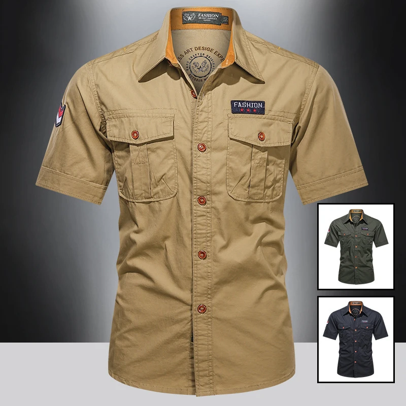 Nuevas camisas informales para hombre, Camisa de algodón puro de manga corta, camisas de carga militares de gran tamaño sólidas para hombre, ropa para hombre, camisa 5XL A2F168 - imagen 3