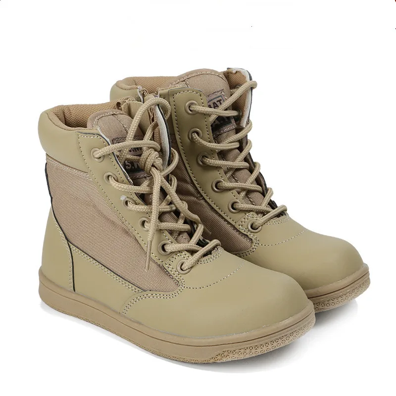 Botas tácticas de combate para niños, calzado de cuero antideslizante, transpirable, para deportes al aire libre, escalada, senderismo, Verano - imagen 2