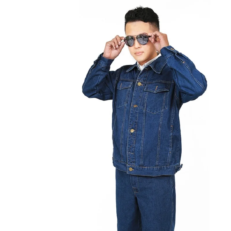 Ropa de soldadura Uniformes de trabajo de mezclilla mangas largas Durable Resistente al desgaste Jeans chaqueta pantalones Multi bolsillos Reparadores eléctricos - imagen 4