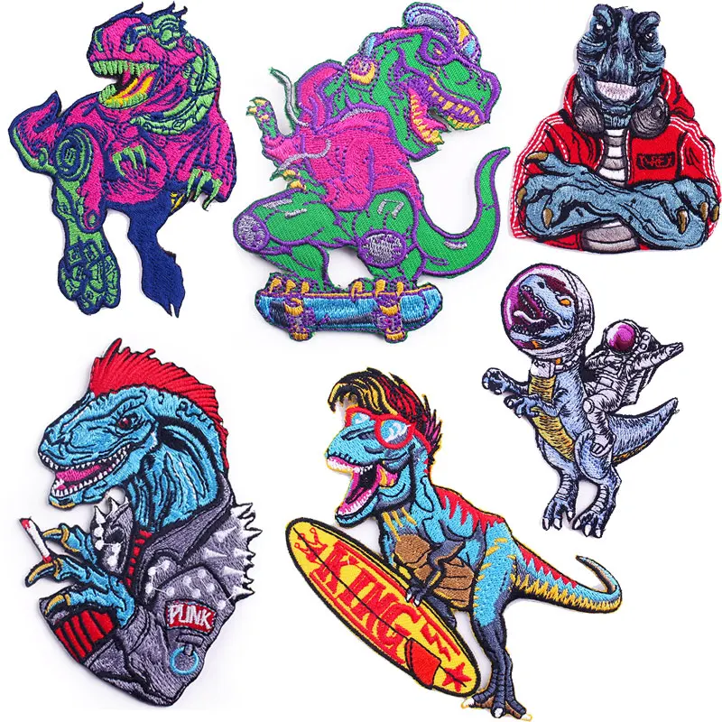 Parche bordado de dinosaurio Punk para ropa, parches bordados para planchar en monopatín, apliques de ropa, pegatinas