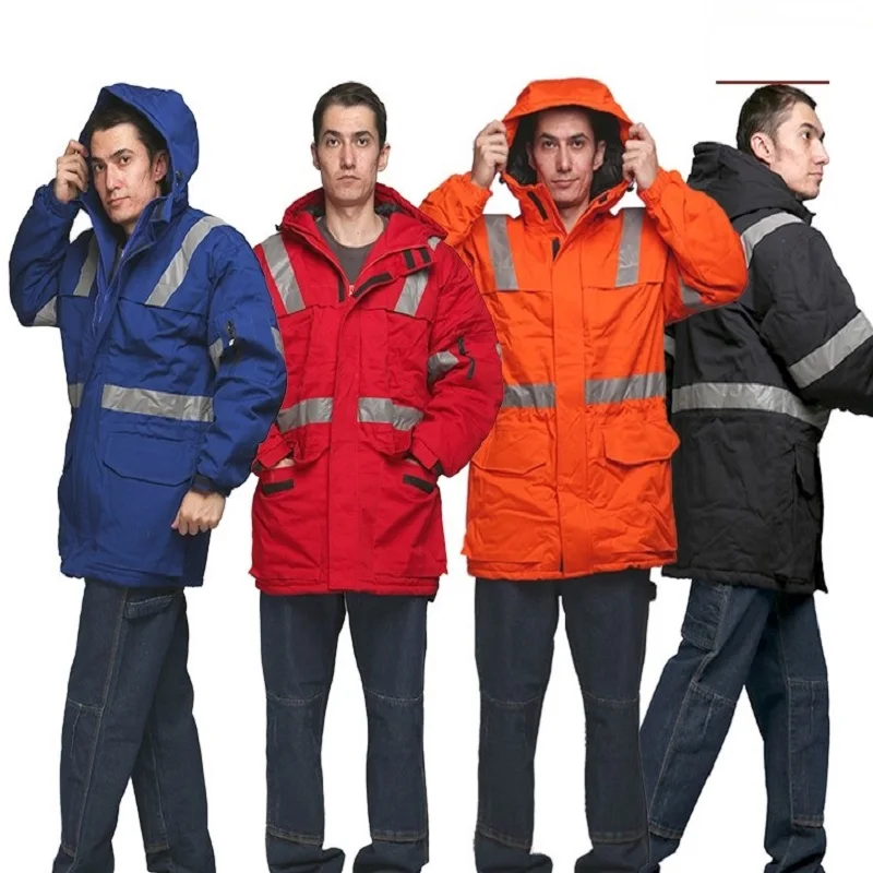 Chaqueta larga con capucha gruesa y cálida a prueba de viento para invierno, abrigo de algodón con rayas reflectantes, taller siamés de manga larga, trabajo a prueba de polvo - imagen 2