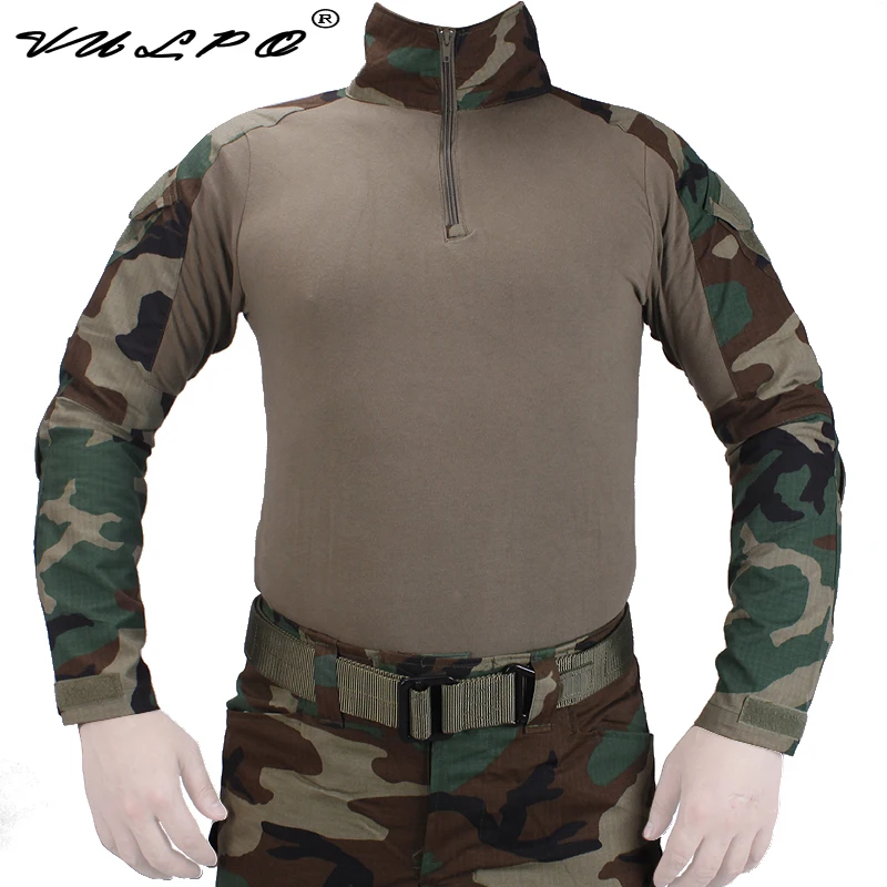 Camisetas VULPO Tactical BDU Woodland, camiseta de camuflaje al aire libre, juego de rol Airsoft, trajes Ghillie