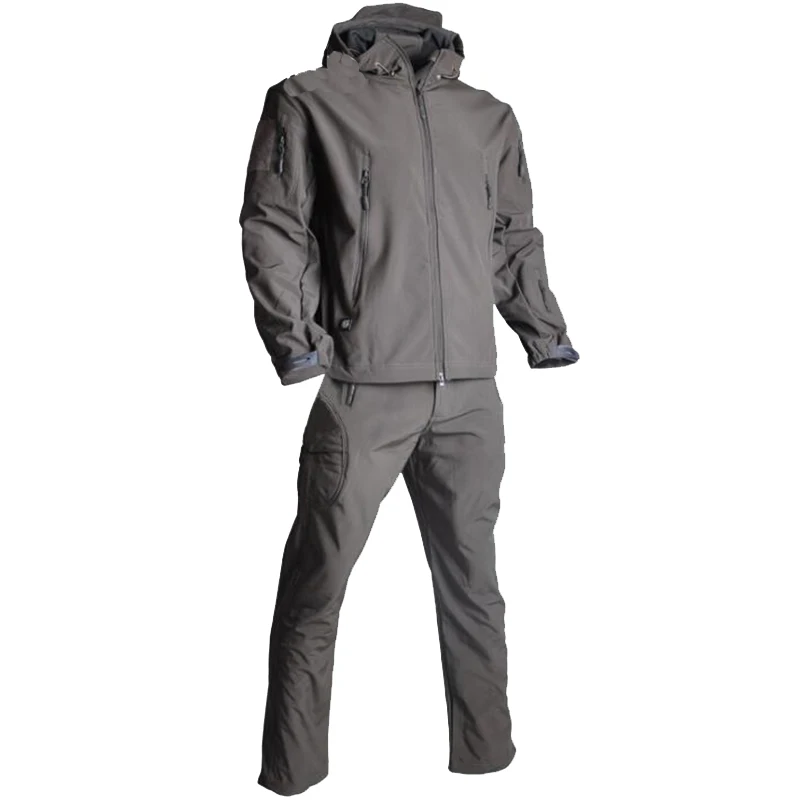 Traje táctico de Softshell para exteriores, ropa de caza de camuflaje impermeable con capucha, chaqueta y pantalones de lana para senderismo y Camping - imagen 4
