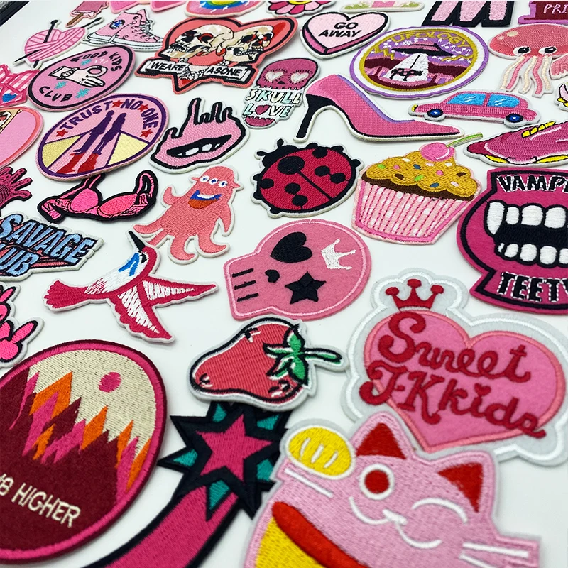 Parches bordados rosas para camiseta de tacón alto, flor, diablo, pez, corazón, apliques de rayas para planchar, pegatinas para ropa, insignias - imagen 2