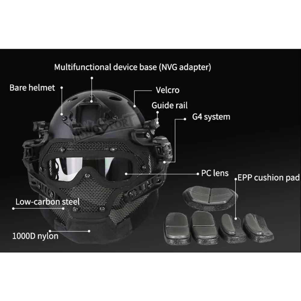 Airsoft PJ tipo Fast casco de seguridad, protector de cara completa, lente de PC, malla de acero, sistema G4, juego de combate, juego de guerra, accesorios de Paintball - imagen 5