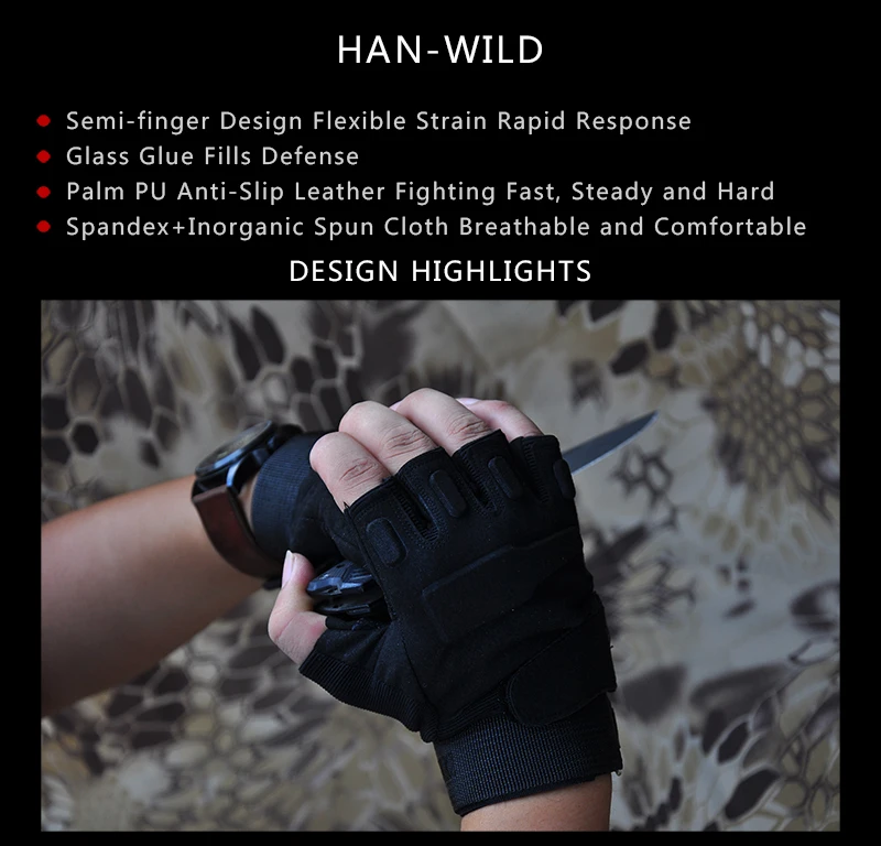 HAN WILD guantes sin dedos guantes tácticos para senderismo Paintball Airsoft combate lucha nudillo duro guantes de medio dedo - imagen 3