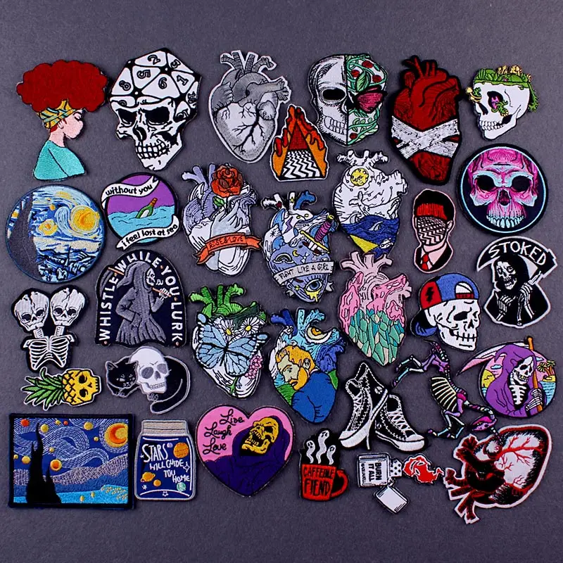 Parche bordado de corazón DIY, parches bordados de Van Gogh para ropa, parches para planchar en ropa, insignias adhesivas de parche Punk a rayas - imagen 2