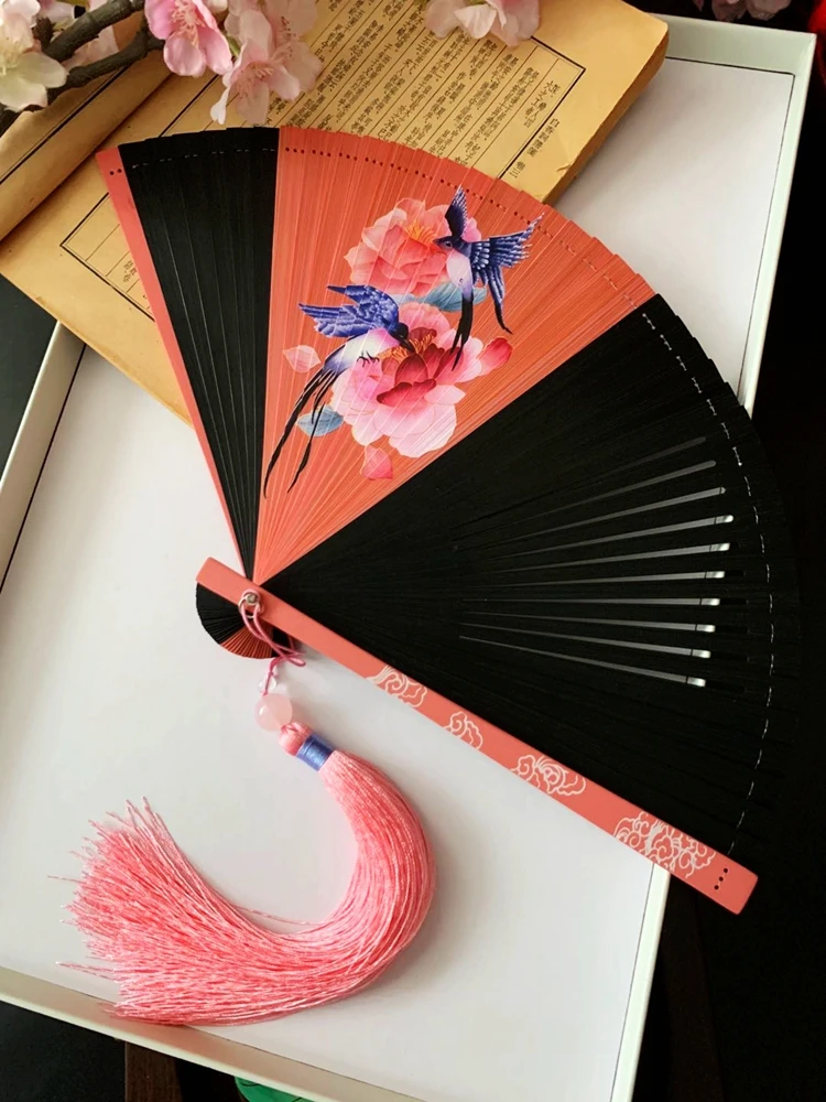 Ventilador plegable de viento chino para mujer, Mini ventilador plegable portátil clásico, retro, color puro - imagen 4