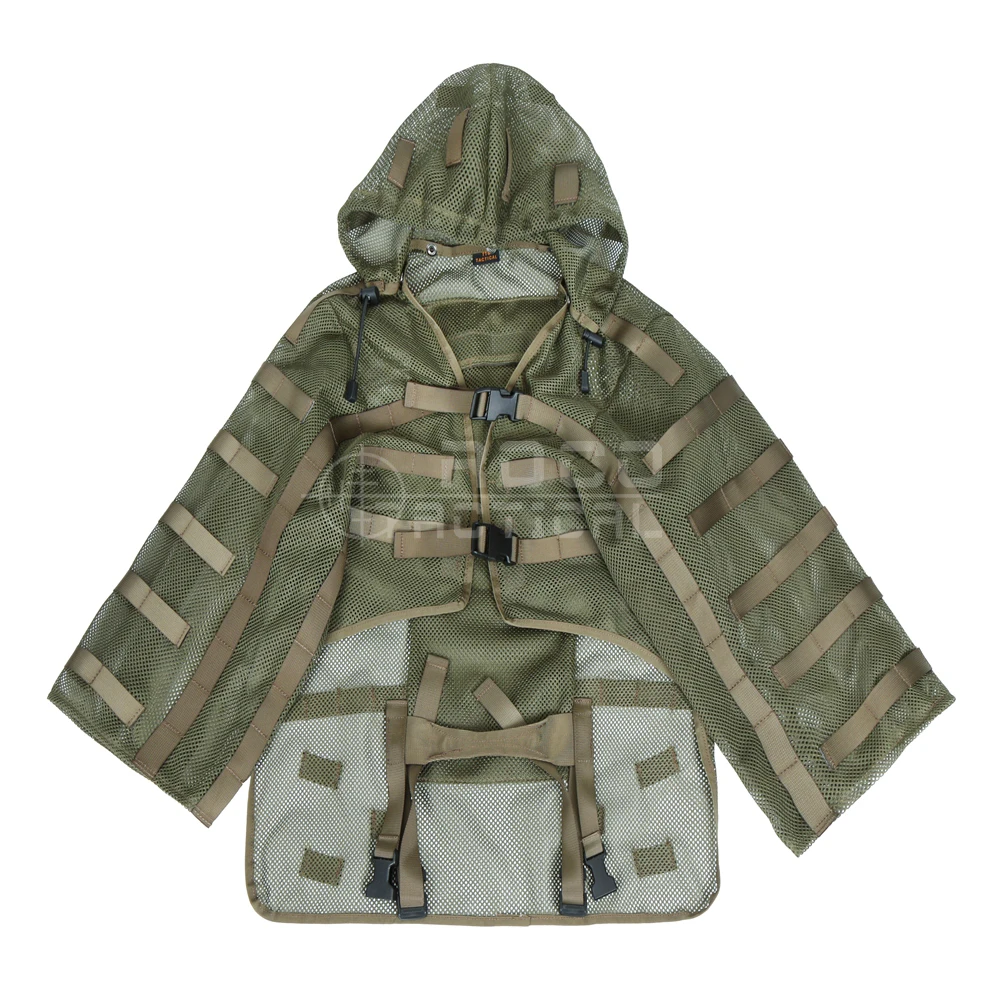 Traje de camuflaje táctico de malla de nailon, traje Geely con bolsa de agua de 3L en la parte posterior, sombrero de bolsillo, cuerpo desmontable, se puede guardar