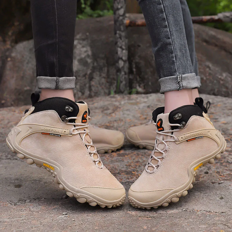 Botas de senderismo de cuero de vaca para hombre y mujer, zapatos de nieve impermeables para exteriores, escalada, montaña, caza, caminar, invierno - imagen 4