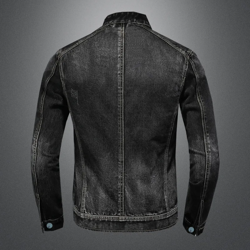 Chaquetas vaqueras informales para hombre, abrigos de vaquero de motocicleta lavados en negro Vintage, cortavientos de cuello levantado, chaqueta vaquera de talla grande M-5XL - imagen 2