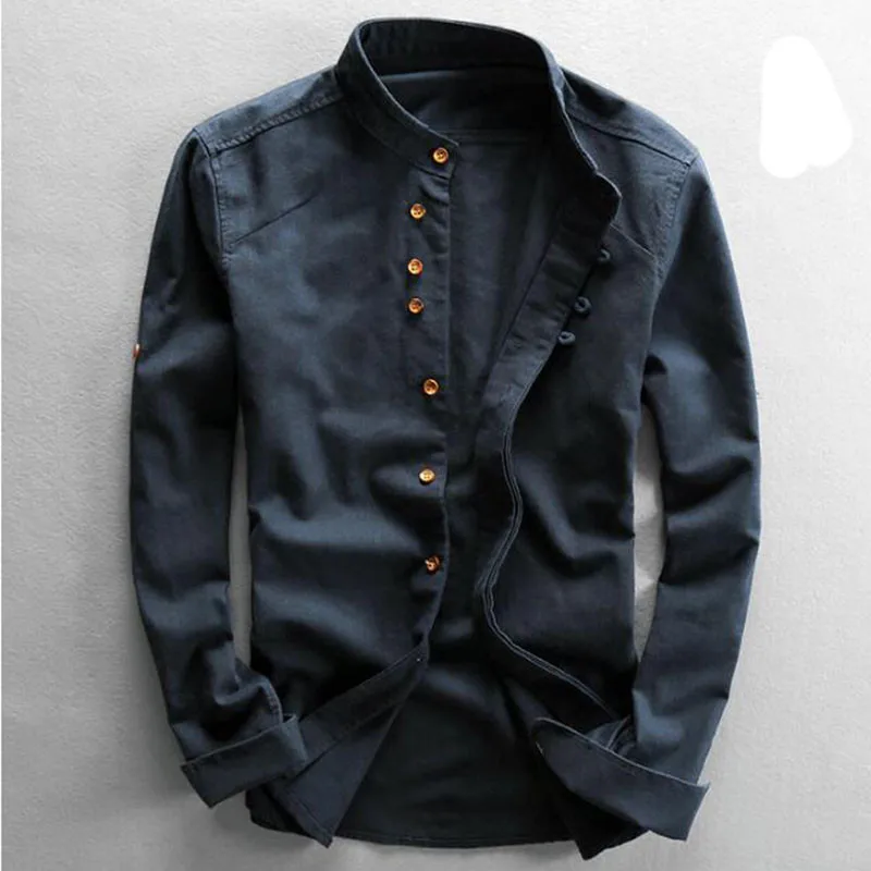 Blusa informal de lino y algodón para hombre, camisa de manga larga con cuello levantado, M-7Xl talla grande, primavera y otoño, 2023 - imagen 2