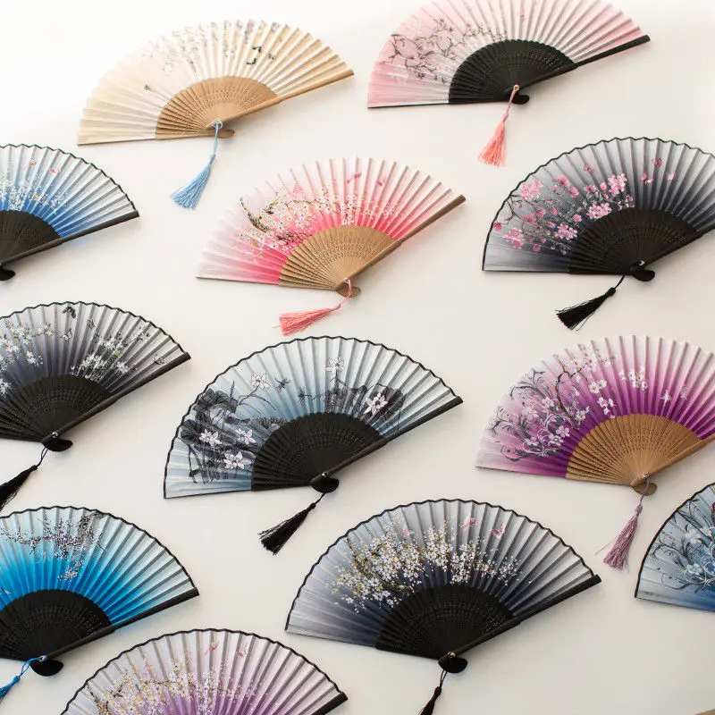 Abanico de flores de mano plegable de bambú Vintage, regalos de bolsillo para fiesta de baile chino, 1-10 colores - imagen 4