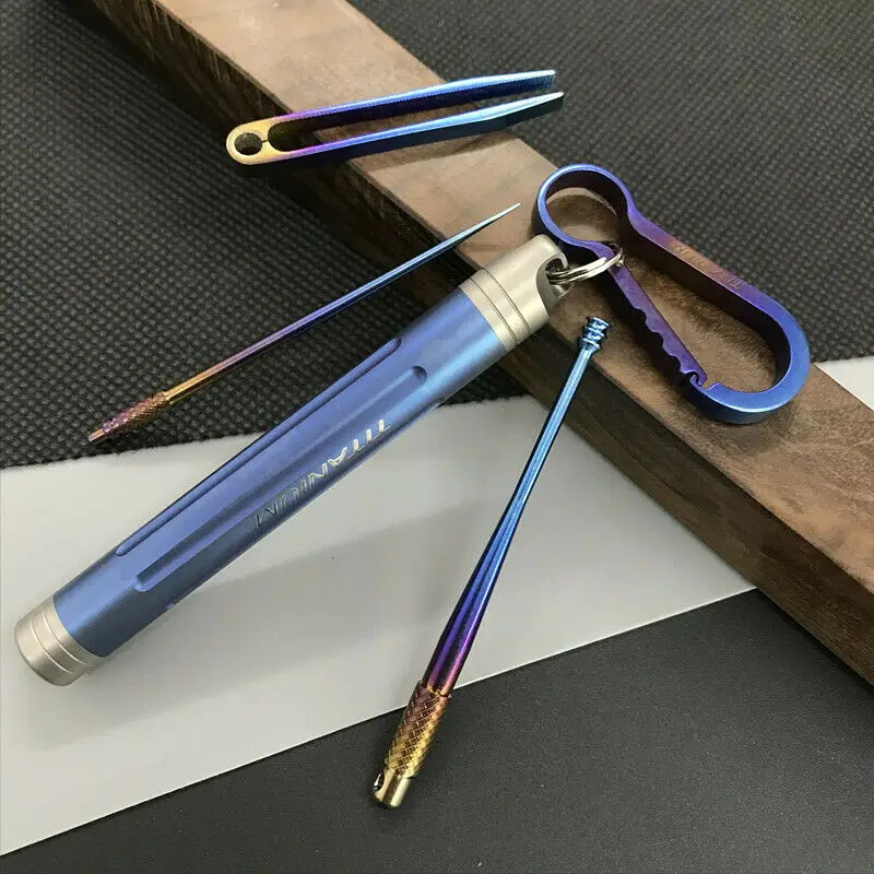 LLavero de botella de medicina impermeable de aleación de titanio, palillo de dientes, juego de pinzas para los oídos