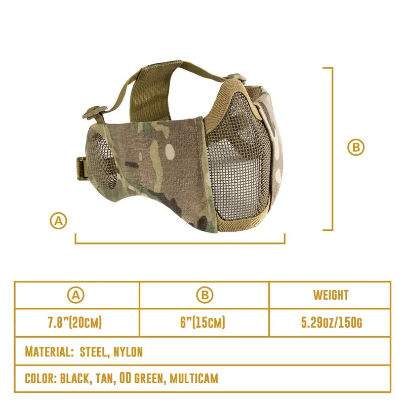 Máscara táctica de malla plegable con protección para los oídos para Airsoft Paintball, con correa elástica ajustable - imagen 2