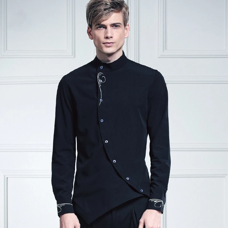 Camisa de manga larga con botones oblicuos para hombre, camisa de Trekking con cuello levantado, tejido Jacquard, autocultivo - imagen 2