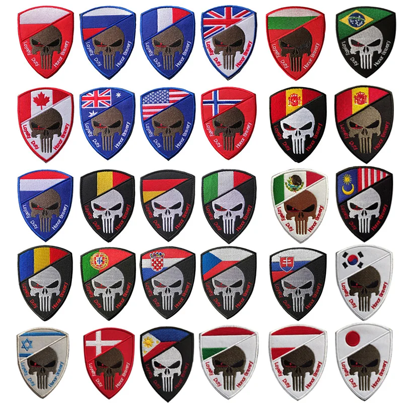 Parches de banderas de calavera de EE. UU., España y Rusia, apliques bordados de gancho y lazo para ropa, venta al por mayor, 9,5x7cm