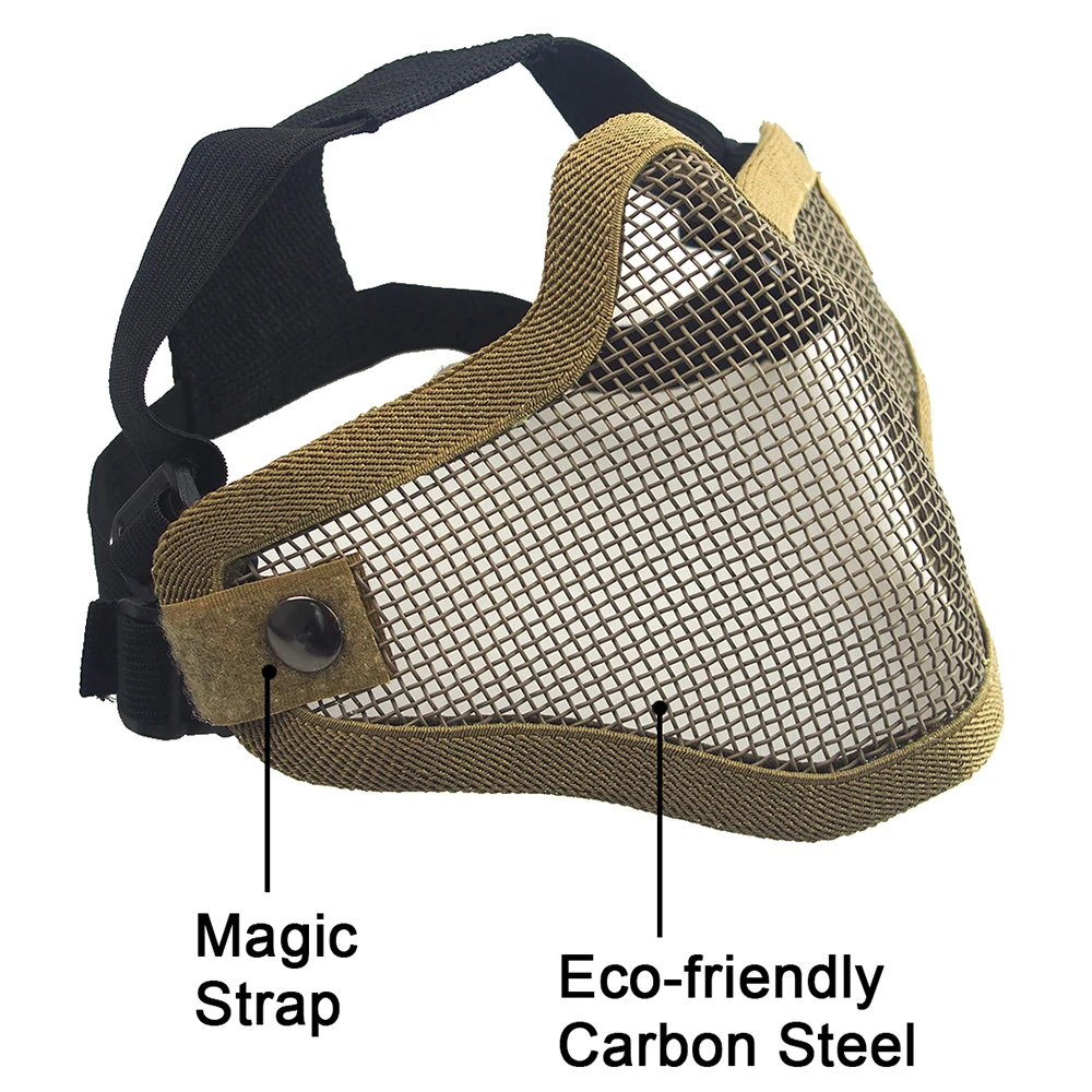 Máscara protectora de malla de acero y Metal de media cara con doble cinturón táctico para caza, equipo CS para máscara de Paintball - imagen 5