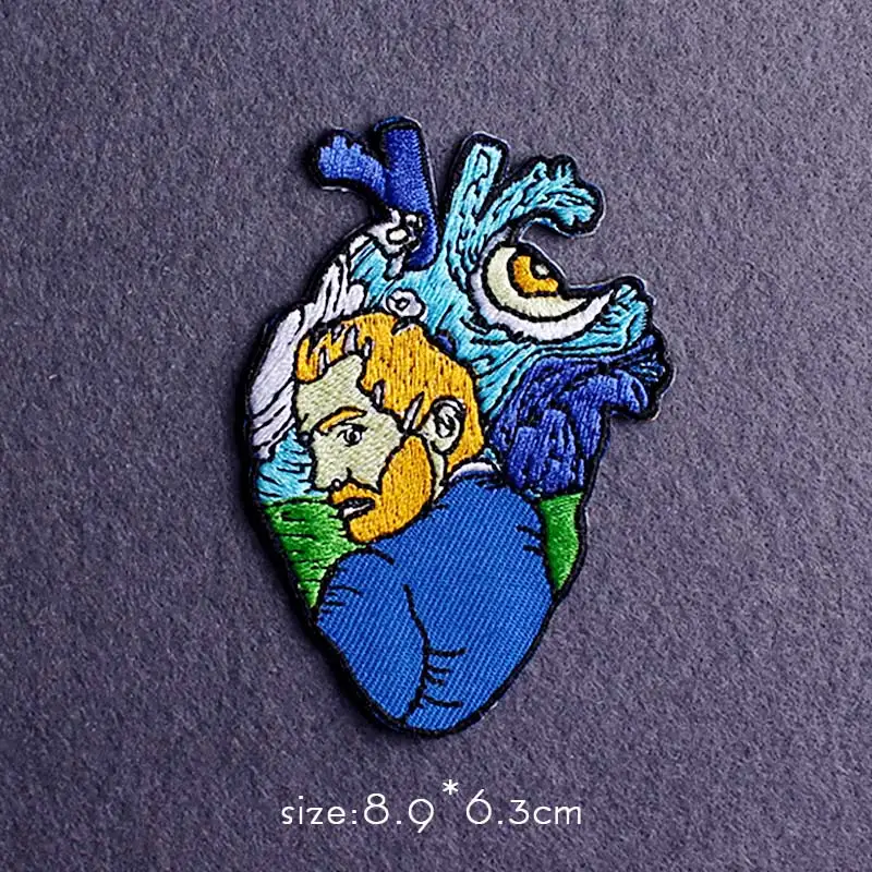 Parche bordado de corazón DIY, parches bordados de Van Gogh para ropa, parches para planchar en ropa, insignias adhesivas de parche Punk a rayas - imagen 4