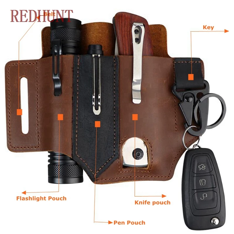 Funda de cuero multifunción para cuchillo, bolsa de almacenamiento de herramientas multifunción, bolsillo EDC táctico para cinturón, linterna, caza - imagen 4